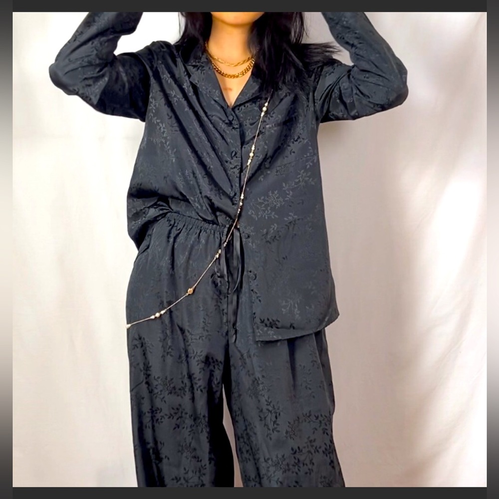 Black Embroidered Floral Pajama Set